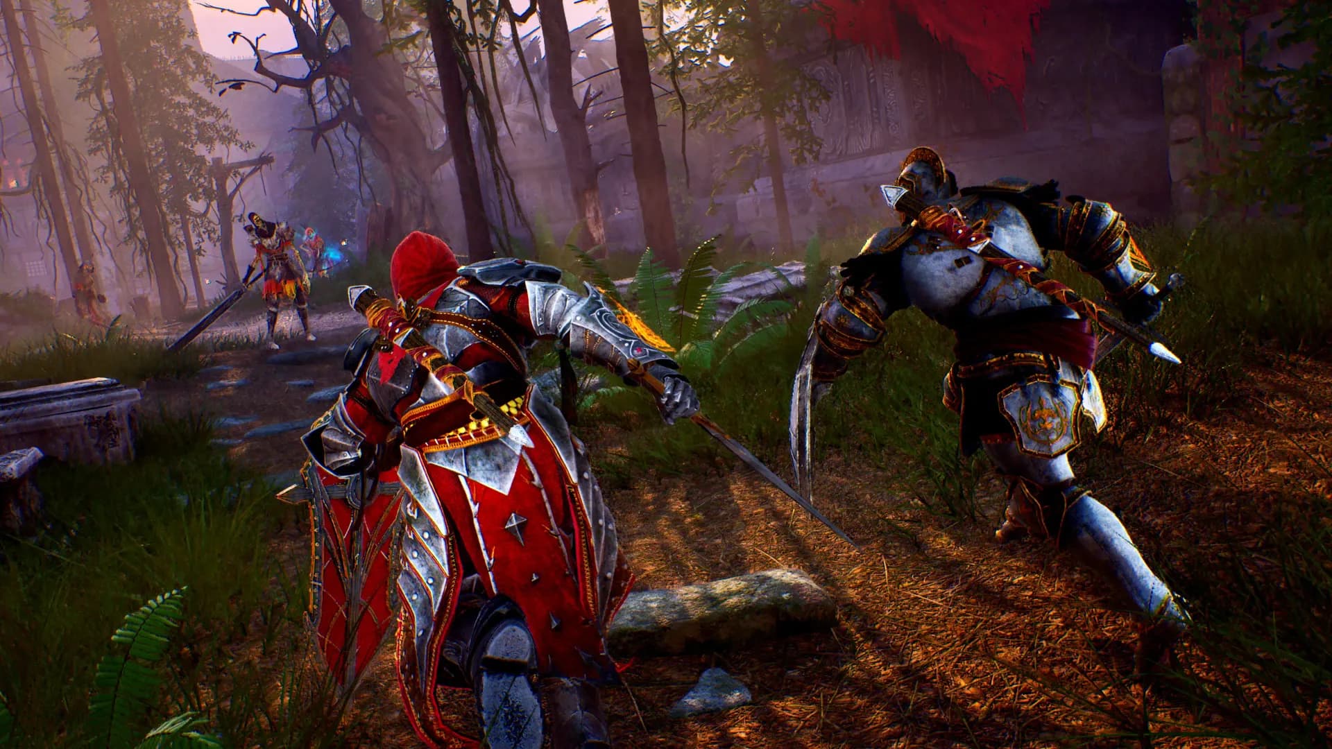 Two hunters fighting together in a forest encounter